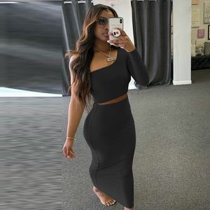 Two Piece Set Crop Top Long Sleeve One Shoulder Elegant Midi Skirt Bodycon Sexy